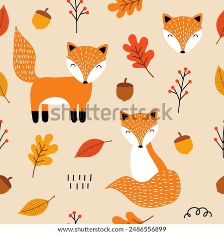 Seamless pattern with cute foxes, autumn leaves, acorns and oak leaves, Scandinavian style. Baby texture for fabric, nursery decoration, textiles, apparel. Vector illustration