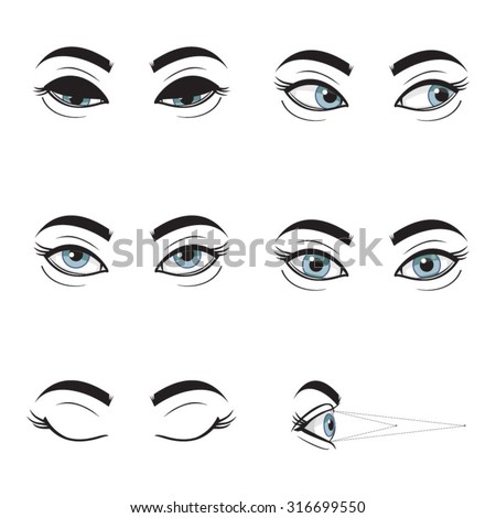 
Set collection of blue female eyes and brows on white background. Different cartoon eye expressions.
Gymnastics for eyes.
Eyes looking up, down , left, right , eyes closed .