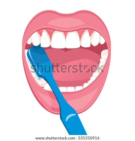 Vector image on a white background. how to brush your teeth rightly with a toothbrush. vector image on a white background. Healthy, white teeth. 
Open mouth , blue toothbrush. 
Mouth hygiene.