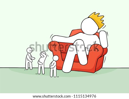Sketch scene with big king and little people. Doodle miniature about power. Hand drawn cartoon vector illustration for business design.
