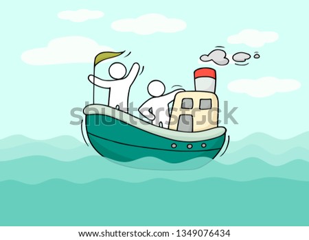 Sketch of little men sail by boat. Doodle cute miniature scene about transportation. Hand drawn cartoon vector illustration for vacation design.