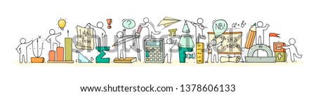 Sketch of math class with working little people. Doodle cute miniature of teamwork and science symbols. Hand drawn cartoon vector illustration for school subject design.