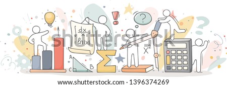Math class with working little people. Doodle cute miniature of teamwork and science symbols. Hand drawn cartoon vector illustration for school subject design.