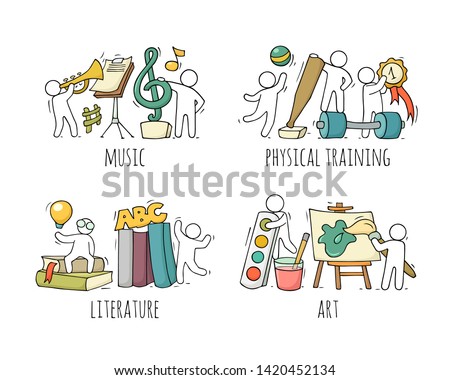 School icons set with studing little people. Doodle cute miniature of teamwork and lessons. Hand drawn cartoon vector illustration for school subject design.