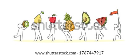 Happy people walking with fresh fruits. Doodle cute illustration about the healthy food. Isolated vector about vegetarian natural nutrition.