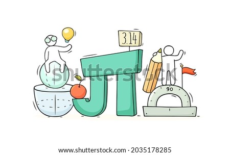 Cartoon little people with mathematical symbol Pi. Doodle cute miniature scene - workers and geometry. Hand drawn vector illustration for school design.