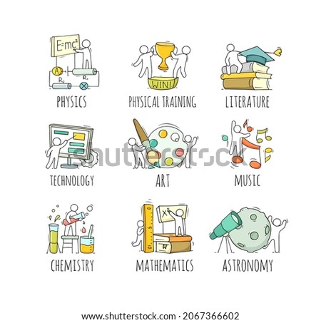 School subjects icons with symbols of math, physics, astronomy and chemistry. Vector cartoon set of art, music, technology, sport and literature lessons and students. People with education equipment Foto stock © 