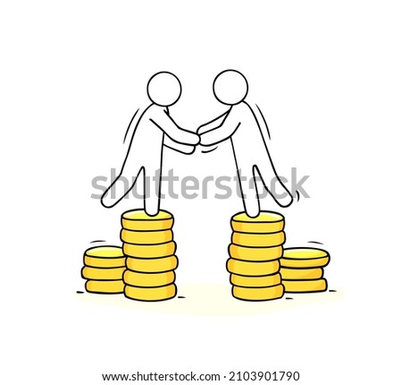 Business deal, partnership concept with people handshake. Finance agreement, success contract or investment. Vector doodle illustration with men shake hands standing on stacks of money