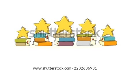 Books review, reading rating with 5 gold stars. Concept of literature ranking, quality of education or library with stacks of books and five yellow stars, vector hand drawn illustration