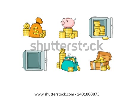 Money icons with gold coins stacks and piles in bag, wallet and chest. Cute collection with empty and full safe, golden dollar coins, purse and piggy bank, vector hand drawn illustration