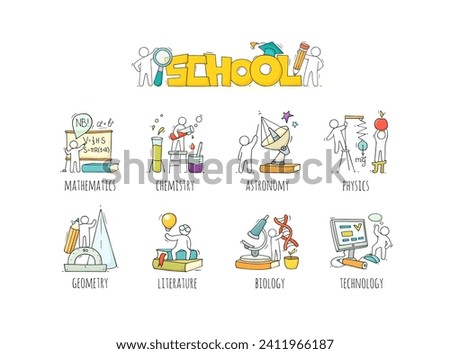 School subjects icons with symbols of math, physics, astronomy and chemistry. Vector cartoon set of art, music, technology, sport and literature lessons and students. People with education equipment