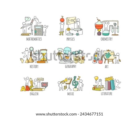 School subjects icons with symbols of math, physics, astronomy and chemistry. Vector cartoon set of art, music, technology, sport and literature lessons and students. People with education equipment
