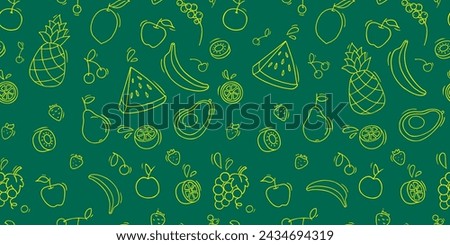 Fruit background with doodle strawberry, apple, lemon and banana. Seamless pattern with pear, pineapple, orange, kiwi and watermelon slice. Fruit and berries pattern, vector sketch illustration