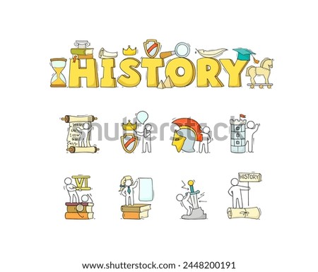 History education, school subject. History class icons with books, ancient documents, scroll and feather. Cute doodle men learning school lessons, vector hand drawn illustration