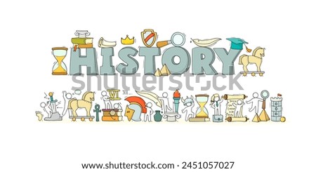 History education, school subject. History class banner with books, ancient documents, scroll and feather. Cute doodle men learning school lesson, vector hand drawn illustration