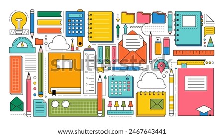 Back to school background with study supplies and office stationery. Geometric poster of education and work concept with icons of pen, pencil, book, notebook, calendar and folders, vector illustration