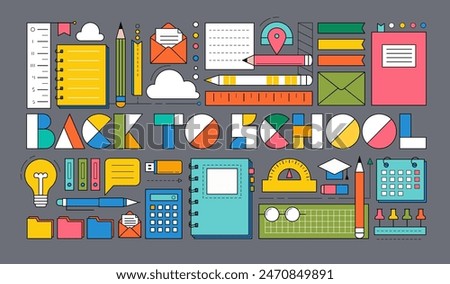 Back to school background with study supplies and office stationery. Geometric poster of education and work concept with icons of pen, pencil, book, notebook, calendar and folders, vector illustration