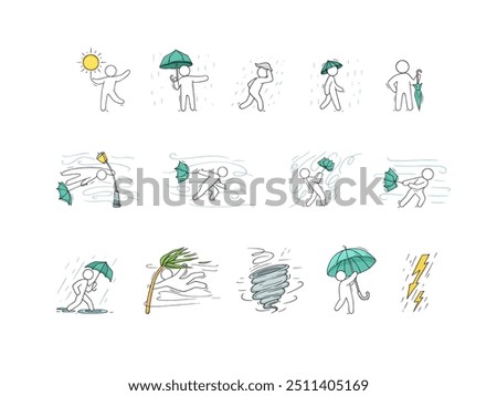 Doodle weather icons with wind and rain. Sketch of man with umbrella in storm, set of windsocks, character in rainy weather and outline swirls of strong wind, vector hand drawn illustration