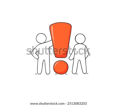 Icon with working little people and exclamation mark. Doodle miniature of teamwork and danger symbol. Hand drawn cartoon vector illustration.