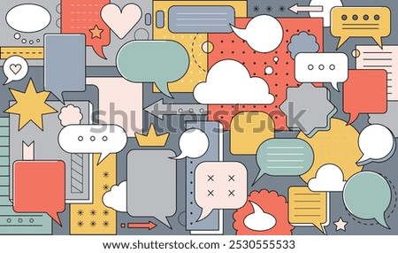 Geometric background with speech bubbles with smiling faces. Abstract banner with different shapes text boxes, dialog clouds with heart and crown, vector flat illustration