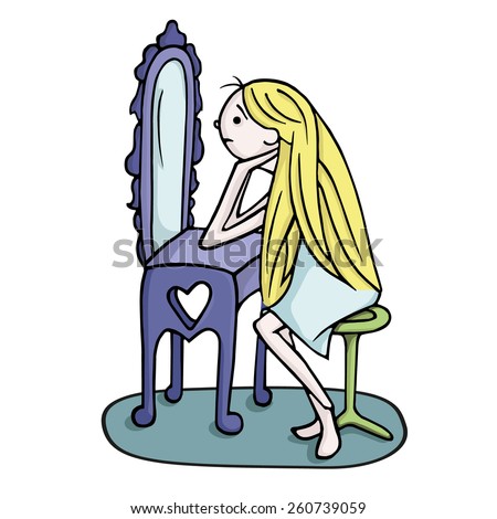 Sad Cute Girl Looking At Her Reflection In Mirror. Hand-Drawn Vector ...