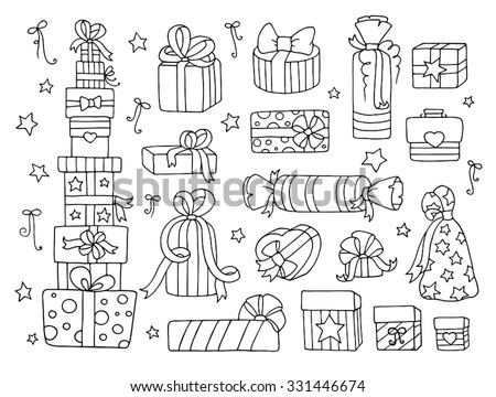 Doodle set of presents, ribbons, stars. Cute collection of cartoon gift boxes for Birthday, Christmas or Valentine's day. Vector isolated on white for celebration design. All gifts are grouped.