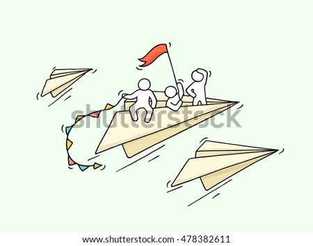 Sketch of flying paper plane with little workers. Doodle cute miniature about leadership and discovery. Hand drawn cartoon vector illustration for business and education design.