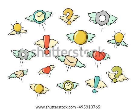 Set of flying objects. Doodle cute symbols. Hand drawn cartoon vector illustration for business and kid design.