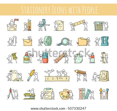 Office supplies set with working little people. Doodle cute miniature scenes of workers with stationery. Hand drawn cartoon vector illustration for business and school design.