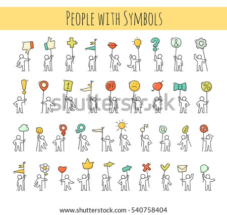 Cartoon icons set of sketch little people with life symbols. Doodle cute miniature scenes of workers with mark, arrow, flags. Hand drawn vector illustration for web design and infographic.