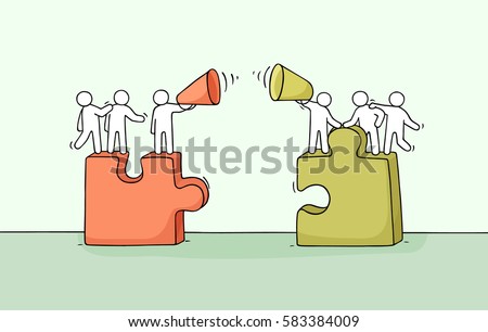 Cartoon working little people with puzzles. Doodle cute miniature scene of two teams. Hand drawn vector illustration for business and social design.