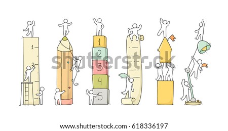 Office supplies set with working little people. Doodle cute miniature scenes of workers with stationery. Hand drawn cartoon vector illustration for business and school design.