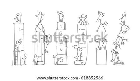 Office supplies set with working little people. Doodle cute miniature scenes of workers with stationery. Hand drawn cartoon vector illustration for business and school design.