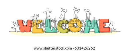 Crowd of working little people with big letters. Doodle cute miniature scene with message Welcome. Hand drawn cartoon vector illustration for internet design.