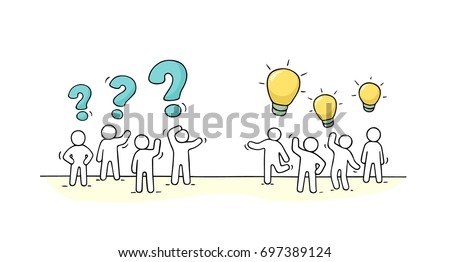 Cartoon working little people with thinking signs. Doodle cute miniature scene of two teams. Hand drawn vector illustration for business and social design.