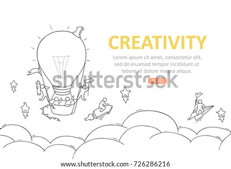 Business template with launch lightbulb. Doodle cute miniature scene about creativity. Hand drawn cartoon vector illustration.