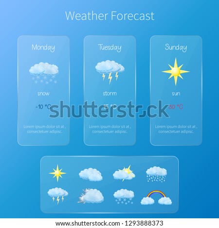Vector transparent user interface - weather forecast template with set of glossy and detailed icons.