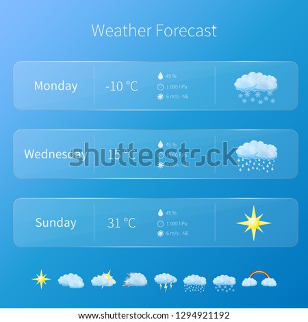 Vector transparent user interface - weather forecast template with set of glossy and detailed icons.