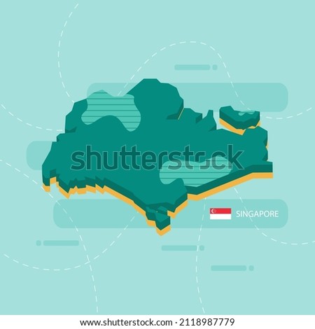 3d vector map of Singapore with name and flag of country on light green background and dash.