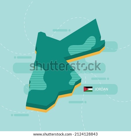 Green 3d vector map of Jordan with name and flag of country on light green background and dash.
