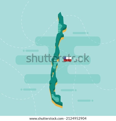 3d vector map of Chile with name and flag of country on light green background and dash.