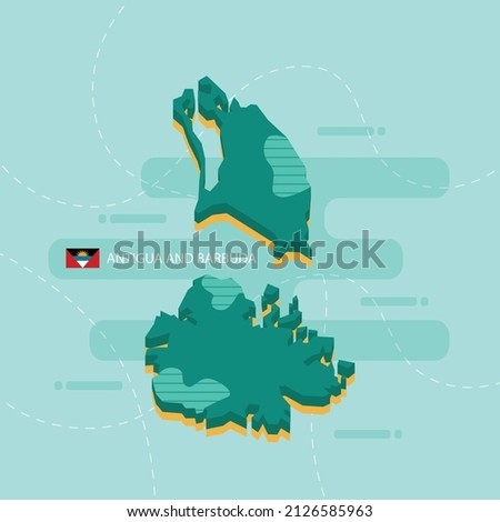 3d vector map of Antigua and Barbuda with name and flag of country on light green background and dash.