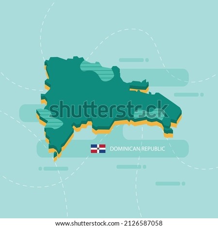 3d vector map of Dominican Republic with name and flag of country on light green background and dash.