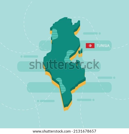 3d vector map of Tunisia with name and flag of country on light green background and dash.