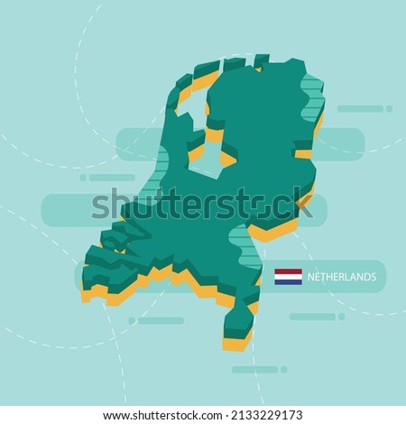 3d vector map of Netherlands with name and flag of country on light green background and dash.