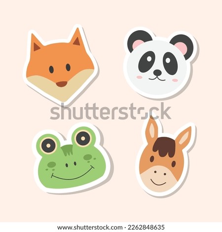 Animal cartoon faces vector icons set. Set of 4 animal (wolf, panda, frog and horse) stickers. Hand drawn vector illustration.