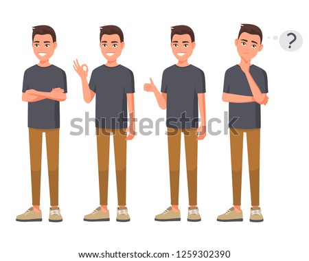 Vector illustration of smiling man in casual clothes in different poses. Cartoon realistic people set. Flat young man. Crossed hands. Hand ok sign. Good hand. Thump up for agreement sign.  Thinks man.