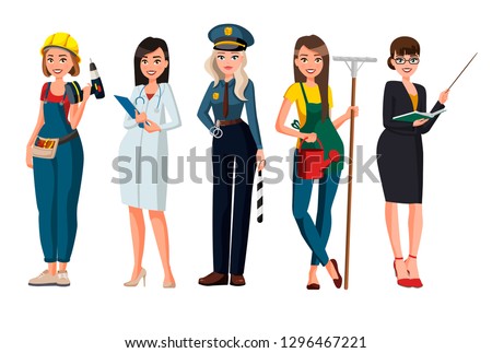 Women different profession character vector design .Cartoon realistic people illustration. Flat young woman. Woman worker. Builder, doctor, nurse, police, cop, officer, policewoman, gardener, teacher