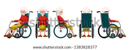 Vector illustration of elderly woman sitting in a wheelchair. Cartoon realistic people. Flat woman. Front, side and back views. Isometric view. Grandmother, happy old people with physical disability.