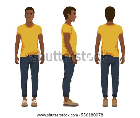 Vector illustration of three black men in casual clothes under the white background. Cartoon realistic people illustartion. Flat young man. Front view man, Side view man, Back side view man